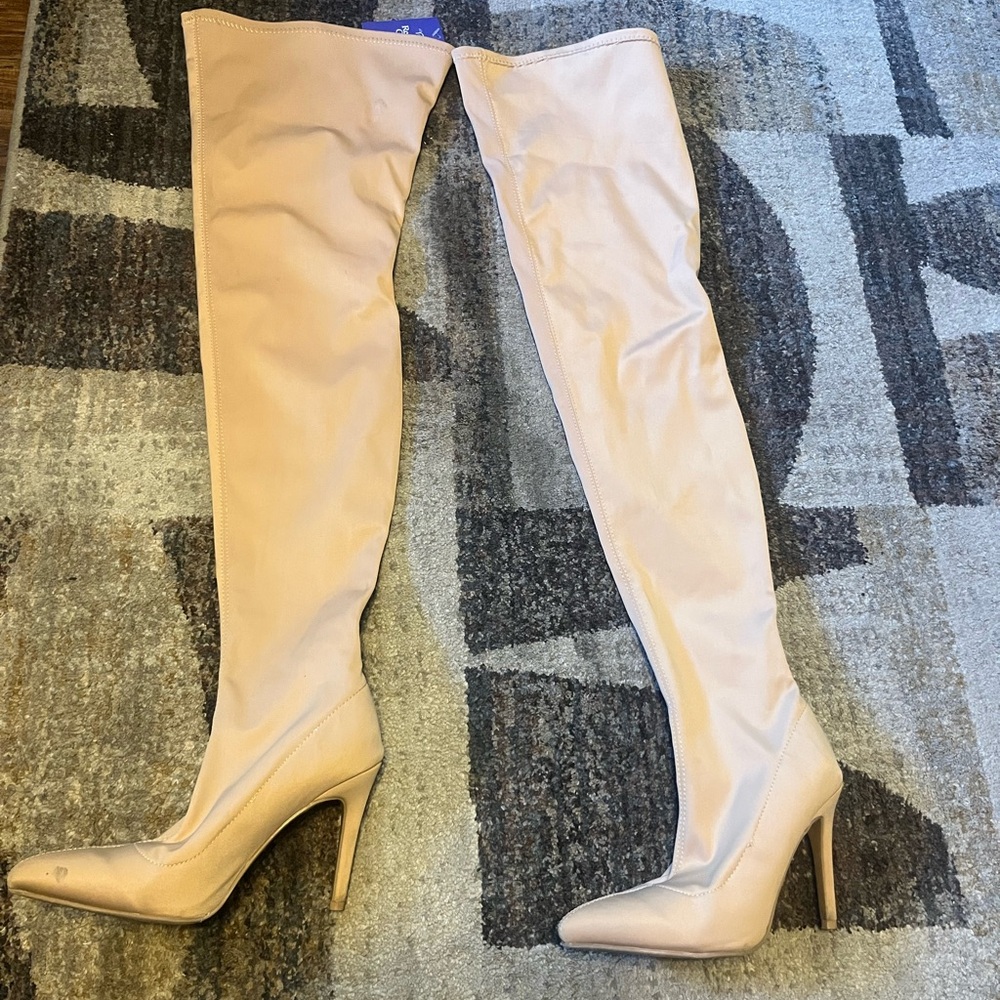 Fashion Nova Gyra Thigh High pull up Boots in Nude
